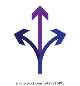 Three way direction arrows. Simple color triple arrow heads sign.
