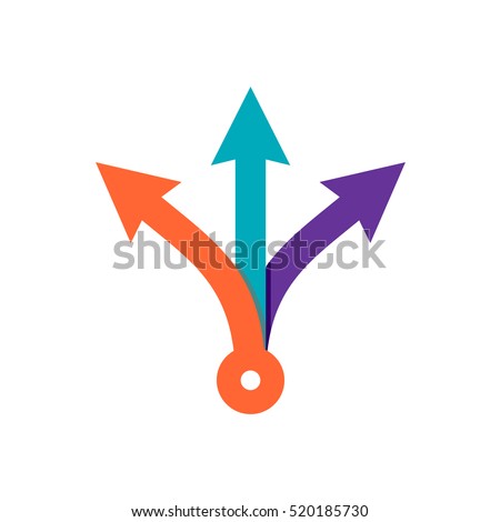 Three way direction arrows. Simple color triple arrow heads sign.