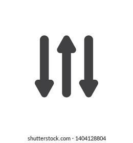 Three way direction arrows vector icon. filled flat sign for mobile concept and web design. Reverse vertical arrows glyph icon. Symbol, logo illustration. Vector graphics