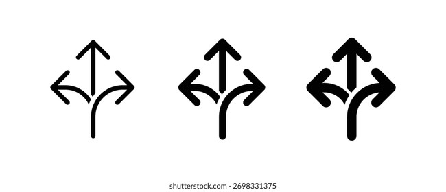 Three way directional arrow in flat style. Road direction icon isolated. Way direction arrow sign icon set. three arrow, way sign