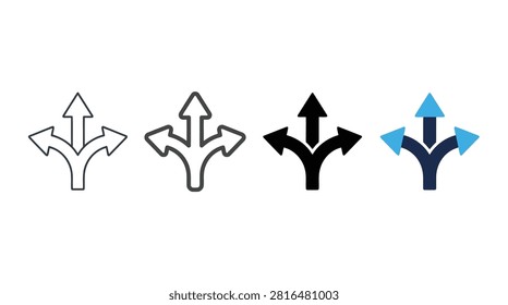 Three way directional arrow set in varying styles against a white background arrows direction three way trifurcated split branching