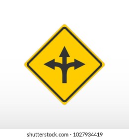 Three Way Fork Road Sign. Vector Icon.