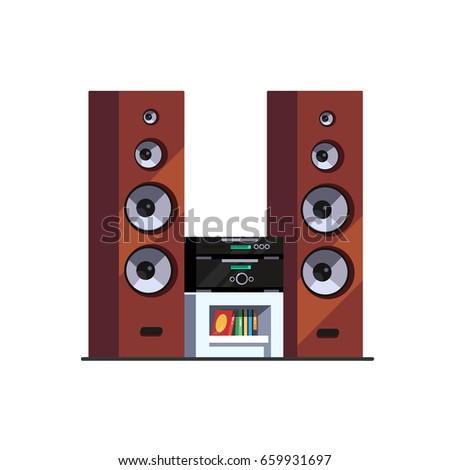 Three way high end wooden floor standing tower speakers stereo music system with amplifier, receiver and blue ray player on table. Flat style vector illustration isolated on white background.