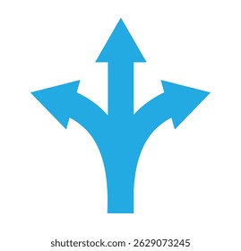 Ícone de três vias. Símbolo triplo direcional de ícone de estrada, sinal de trânsito, decisão de três vias. Ilustração vetorial