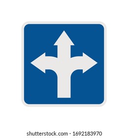 Three way - road direction sign. Blue sign with white arrows- left turn, right or straight direction. New opportunities. Vector illustration, flat design, cartoon style, isolated on white background.