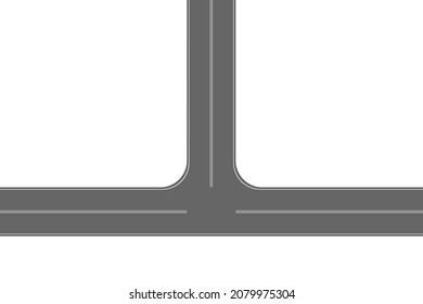 Three way T road junction top view. Highway part with marking isolated on white background. Roadway element for city map. Vector flat illustration.