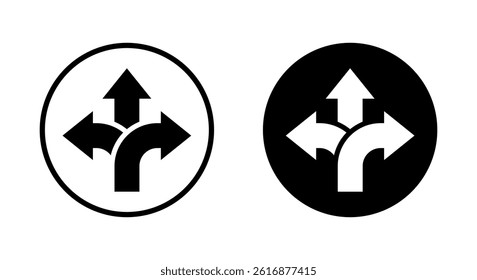 Three ways arrow up icon on black circle. Direction choice sign symbol