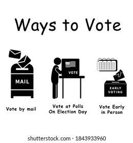 Three Ways To Vote, Pictogram Depicting 3 Ways Voters Can Vote For Election Voting. By Mail, In Person At Polls, Early Voting Black And White EPS Vector.