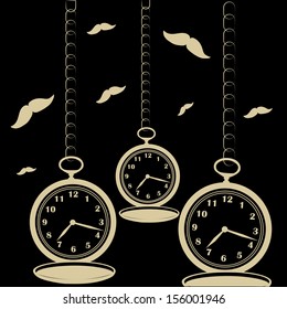 three wearable pocket clocks in silhouette with some mustaches in the background
