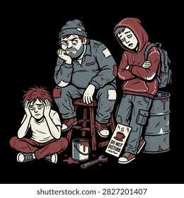 Three weary characters sitting together looking exhausted and stressed
