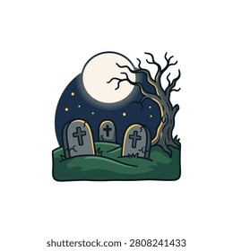 Three weathered tombstones stand in a grassy graveyard under a full moon, with a gnarled, bare tree silhouetted against the night sky.