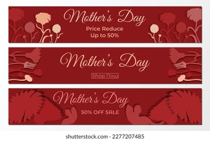 Three web Banners with a floral composition for Mothers Day. Dark maroon background with leaves and flowers made in silhouettes in a paper-cut style. Plant parts of the Calendula or Pot Marigold.