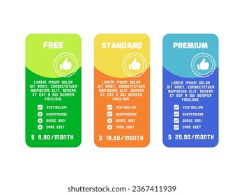 Tres iconos web con precios y opciones de compra de productos
