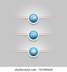 Three web round button positions for website or app with icon. Isolated bell sign button with border, reflection and shadow on background.