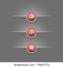 Three web round button positions for website or app with icon. Isolated bell sign button with border, reflection and shadow on background.
