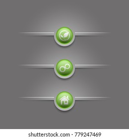 Three web round button positions for website or app with icon. Isolated bell sign button with border, reflection and shadow on background.