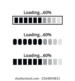 Three website loading bars in 60% different designs with gray gradient.