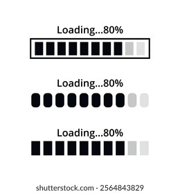 Three website loading bars in 80% different designs with gray gradient.