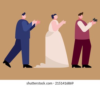three wedding elegant characters group