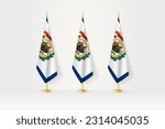 Three West Virginia flags in a row on a golden stand, illustration of press conference and other meetings. Vector illustration.