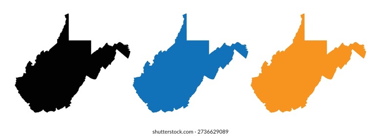 Three West Virginia map silhouettes in black, blue, and orange on white background