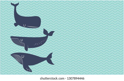 
Three whales of your business. Sweet whales on marine background with waves in vector.