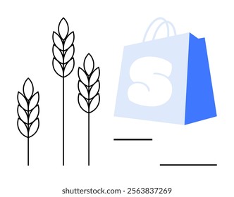 Three wheat stalks next to a blue shopping bag with an S on it. Ideal for organic food, eco-friendly products, sustainable farming, grocery shopping, and environmental awareness themes. Cartoon