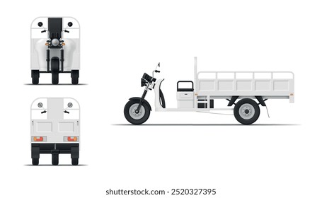 Vespa del triciclo de la carga de tres ruedas con la Ilustración vectorial realista de la vista posterior delantera del tronco abierta. Transporte de la bici de la entrega de la carga del mensajero servicio logístico del envío postal del tráfico del motor rápido