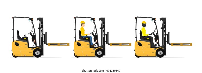 Three wheel electric counterbalance forklift on a white background. Set with the driver and without. Flat vector