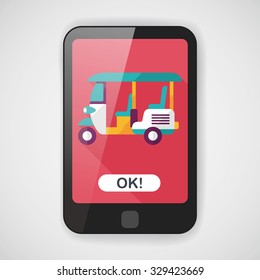 Three wheeled motor rickshaw, flat icon with long shadow