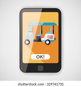 Three wheeled motor rickshaw, flat icon with long shadow