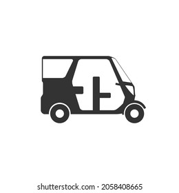 Three wheeler icon. Modern tuk. Trishaw. Taxi in Asian countries. Future looking convenient vehicle. EV tricycle. Black and white color Vector illustration.