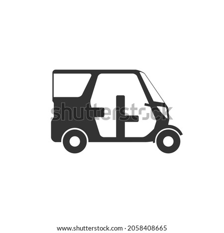 Three wheeler icon. Modern tuk. Trishaw. Taxi in Asian countries. Future looking convenient vehicle. EV tricycle. Black and white color Vector illustration.