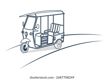 Dibujo de arte de línea de tres ruedas con carretera.
Ilustración De Arte De Línea De Un Auto Rickshaw Vehículo Tradicional.