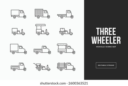 Three Wheeler vehicles icons set line art outline style design. Delivery vehicle, food truck, flatbed, compact cargo vector illustration. Editable stroke