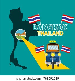 three wheels car with tourism. tuk tuk. Bangkok Thailand - vector illustration