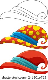 Three whimsical clown hats in different styles