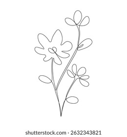 Three whimsical flowers in continuous line style with lively loops. Great for decorative artwork or modern botanical concepts.
