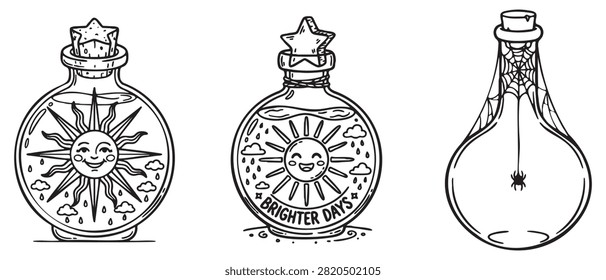 Three Whimsical Potion Bottles With Smiling Sun Stars Clouds Brighter Days And Spider Web Magic Elixir Coloring Page For Adults