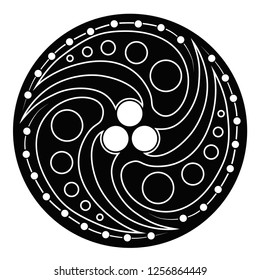 Three whirlwinds, the image is white on a black background, in a circle. air movement, east wind symbol.