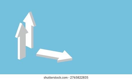 Three white 3D arrows pointing in different directions; two stand upright pointing upward, while one lies flat pointing to the right, representing direction, growth, and alternative paths.