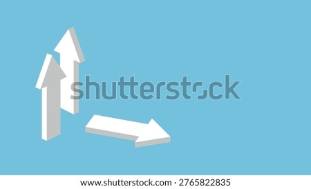 Three white 3D arrows pointing in different directions; two stand upright pointing upward, while one lies flat pointing to the right, representing direction, growth, and alternative paths.