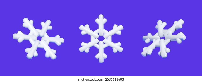 Três flocos de neve 3D brancos com bordas arredondadas estão alinhados contra um fundo roxo vibrante, simbolizando o inverno e temas festivos.