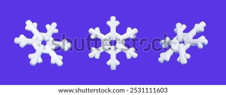 Three white 3D snowflakes with rounded edges are aligned against a vibrant purple background, symbolizing winter and festive themes.