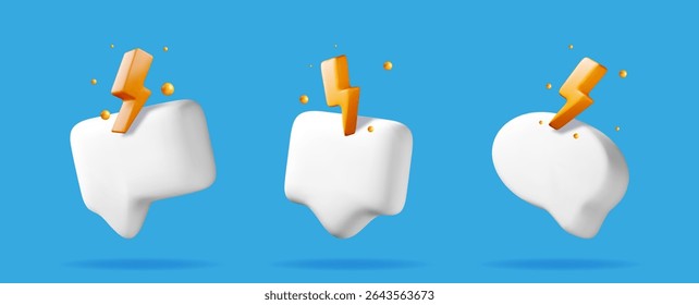 Three white 3D speech bubble icons with an orange lightning bolt symbol on a blue background, representing quick chat and fast message.