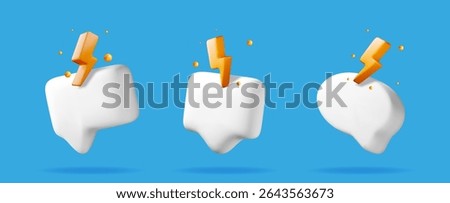 Three white 3D speech bubble icons with an orange lightning bolt symbol on a blue background, representing quick chat and fast message.