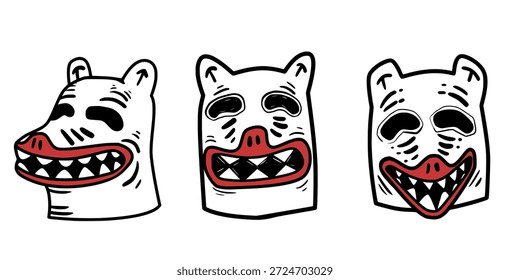 Três máscaras brancas de carnaval do Ala Ursa representando o tradicional folclore nordestino brasileiro