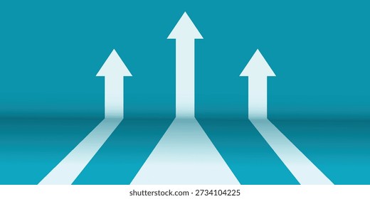 Drei weiße Pfeile steigen auf einem lebendigen blauen Hintergrund auf und symbolisieren Fortschritt, Wachstum und Vorwärtsdynamik in einer klaren, illustrativen Grafik.
