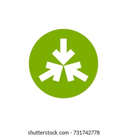 Three white arrows point to the center in green circle. Triple Collide Arrows icon. Merge Directions icon. Vector illustration. Isolated on white. Bright green color.