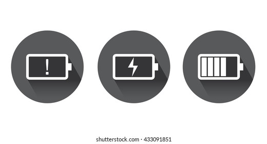 Three white battery symbol status with shadow on grey circle background